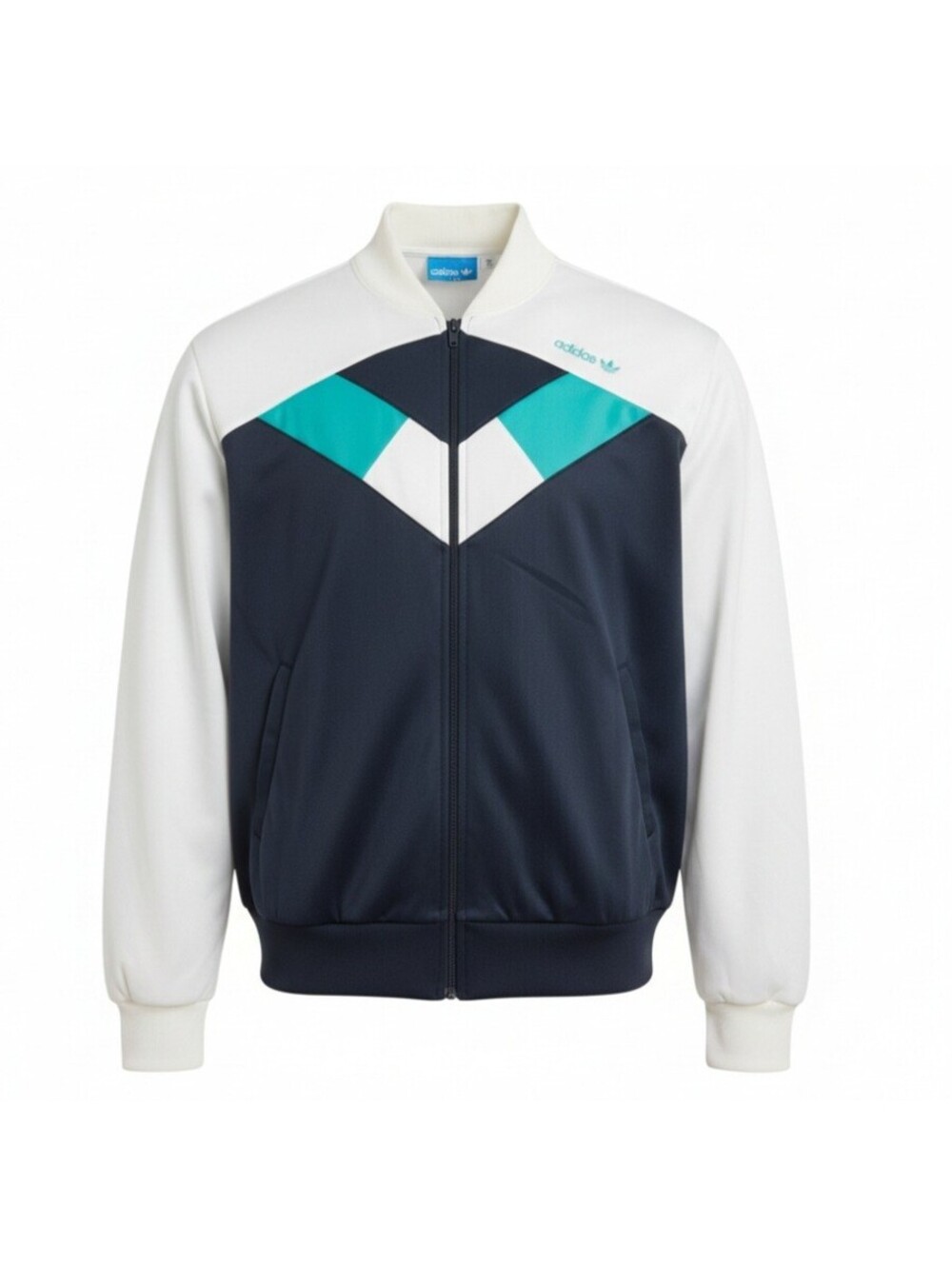 VTG 80s Adidas Track Jacket Made in USA Trefoil Colorblock Navy White Mens L